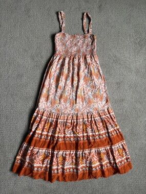 Floral Maxi Dress Smocked Tiered Boho Becool Mixed Print Rust Orange Pink 70s S